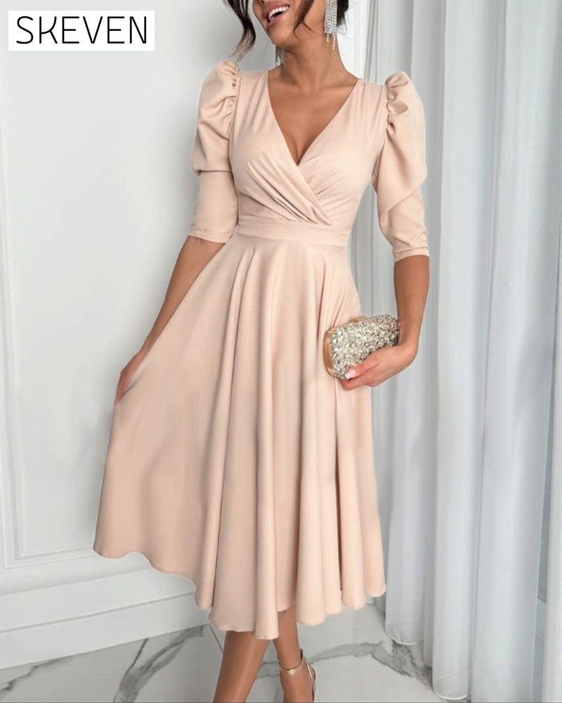 V-Neck Puff Sleeve Waist Dress 2024 f/w casual dresses