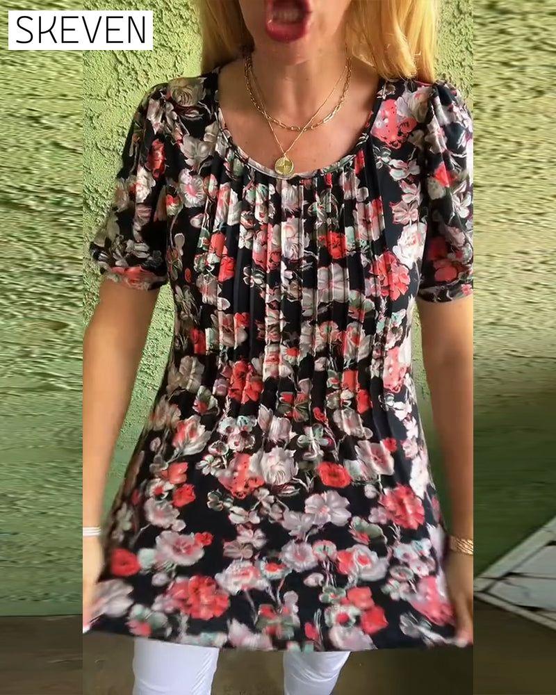 Round Neck Puff Sleeve Pleated Floral Blouse