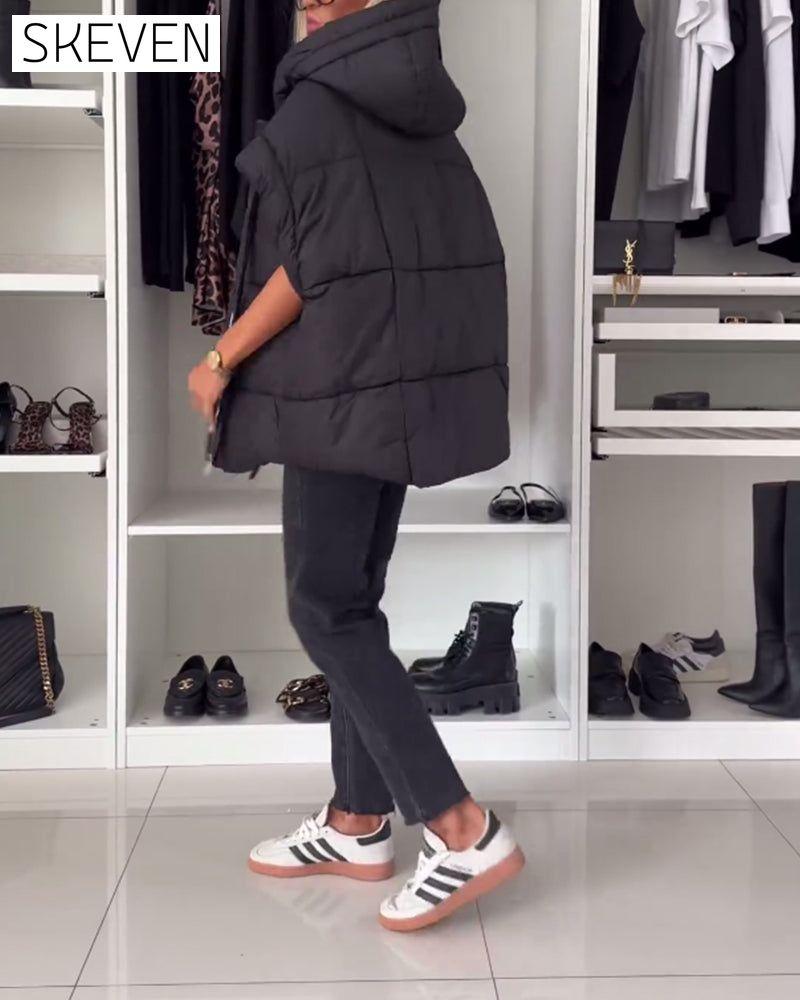 Hooded solid color zipper short sleeve padded jackets