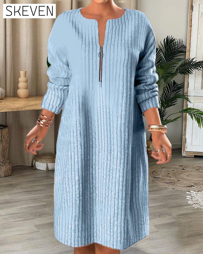 Solid Color Zipper Neck Dress