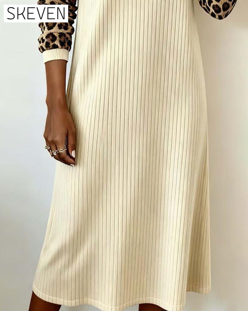 Casual Long-Sleeved Leopard Print Patchwork Dress