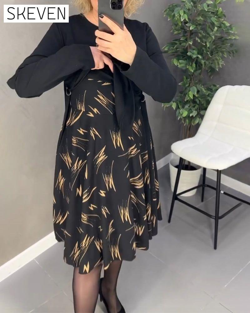 Casual Loose Print Dress with Round Neck