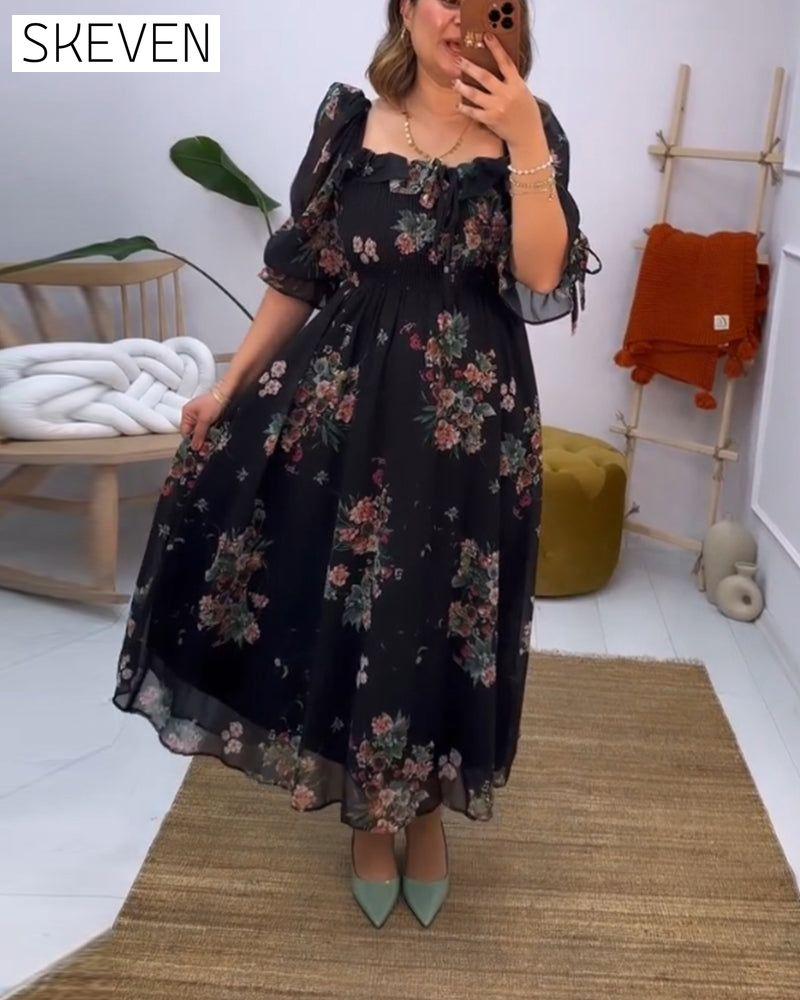 Floral print square neck elegant dress