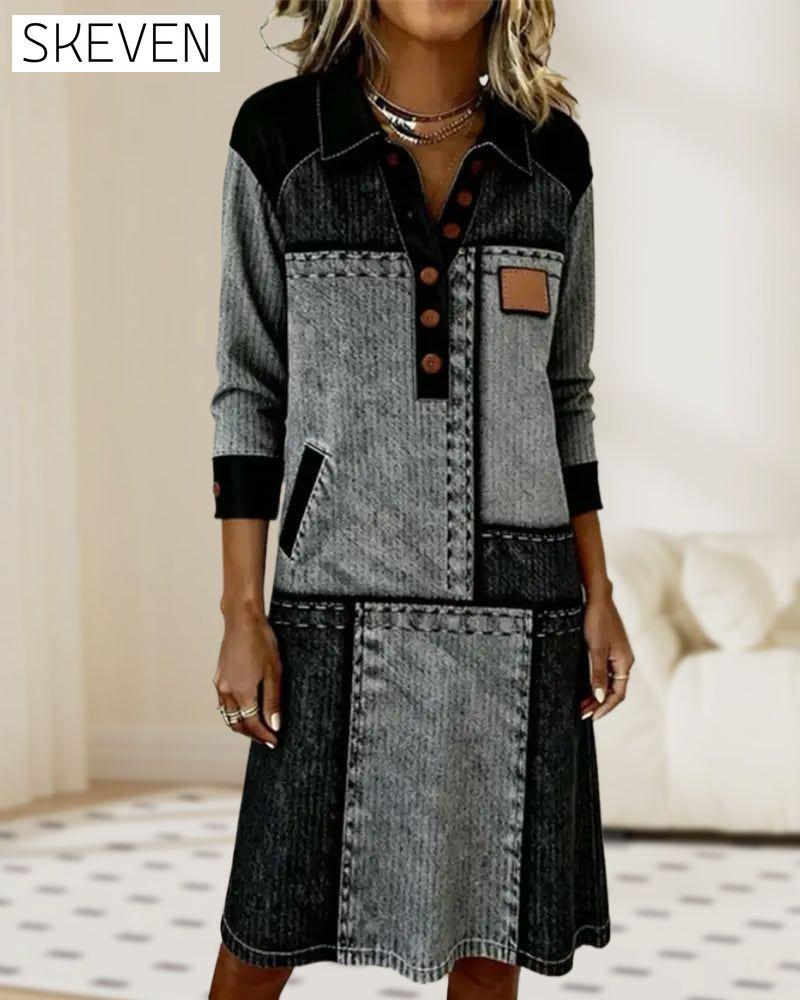 Modisches Kleid mit Knopfleiste, V-Ausschnitt und Farbblock-Design