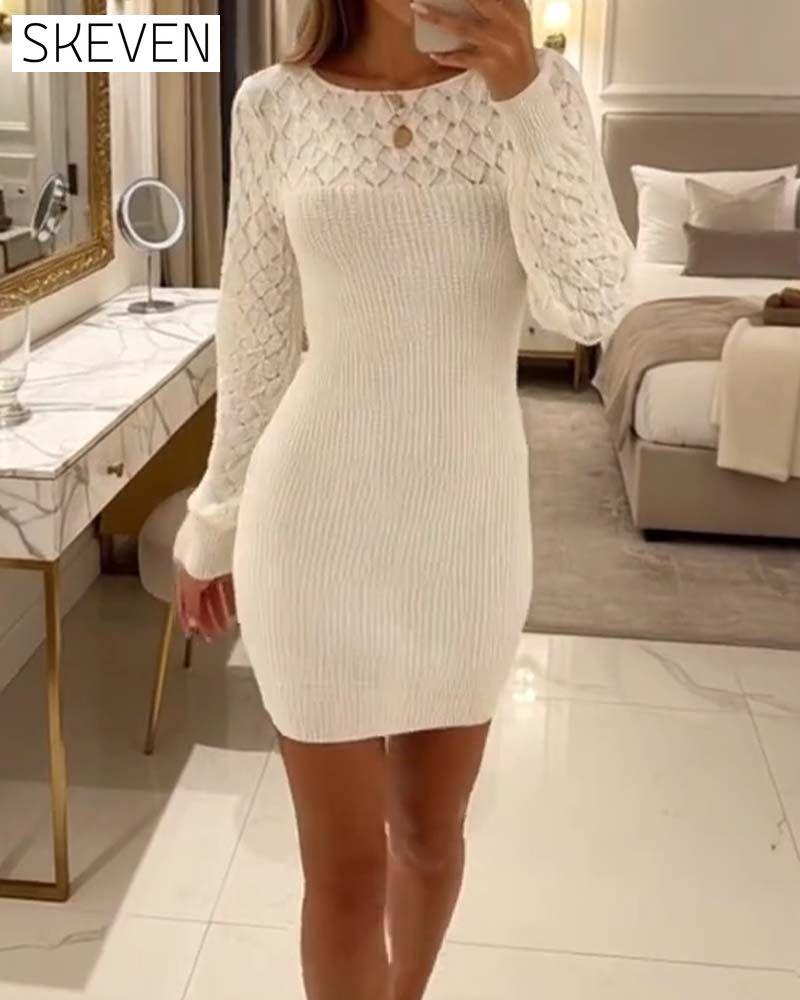 Elegant Solid Color Round Neck Sweater Dress