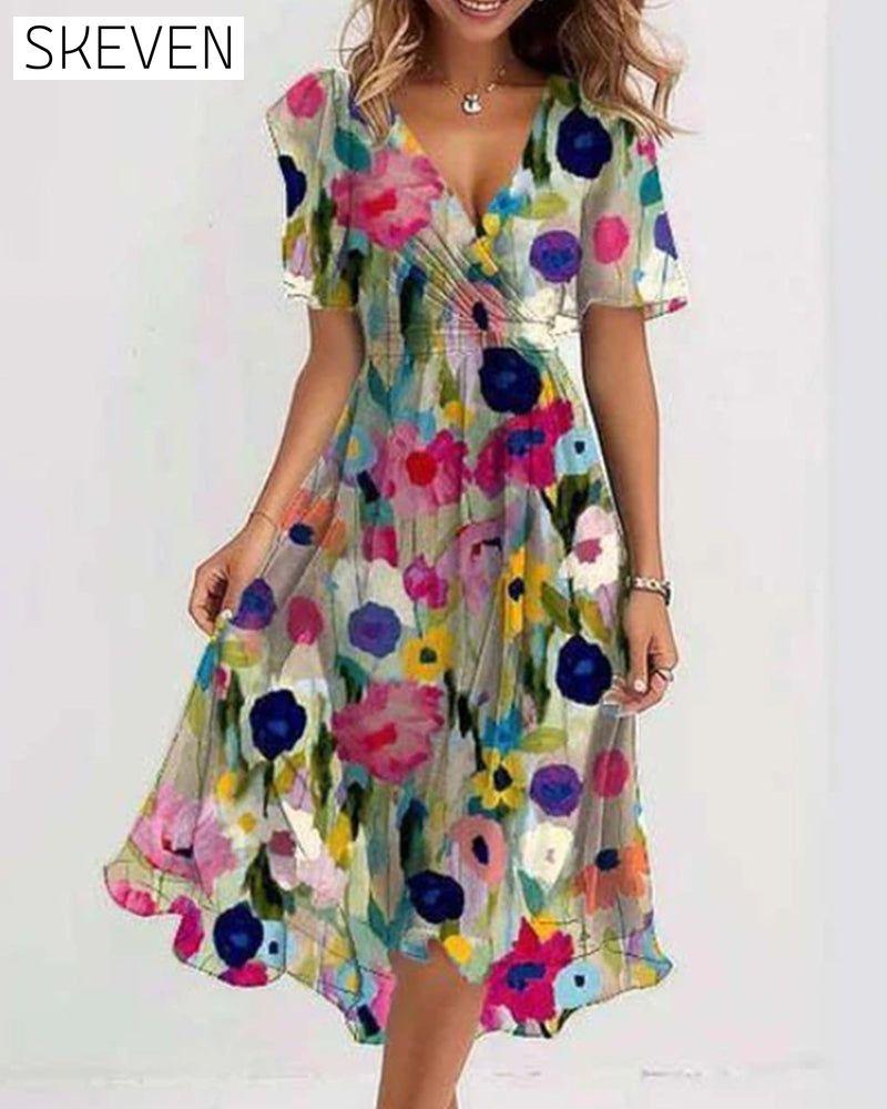 robe imprimée colorée à col en V