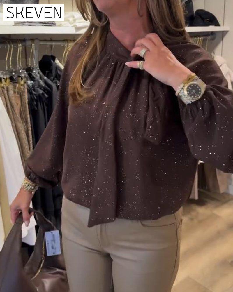 Ribbon Puff-Sleeve Shimmer Elegant Blouse