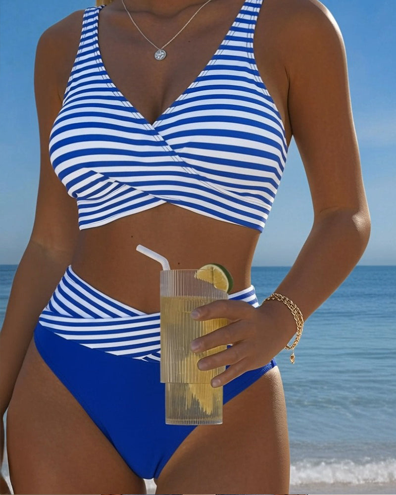 Cross-Striped Color-Block Bikini