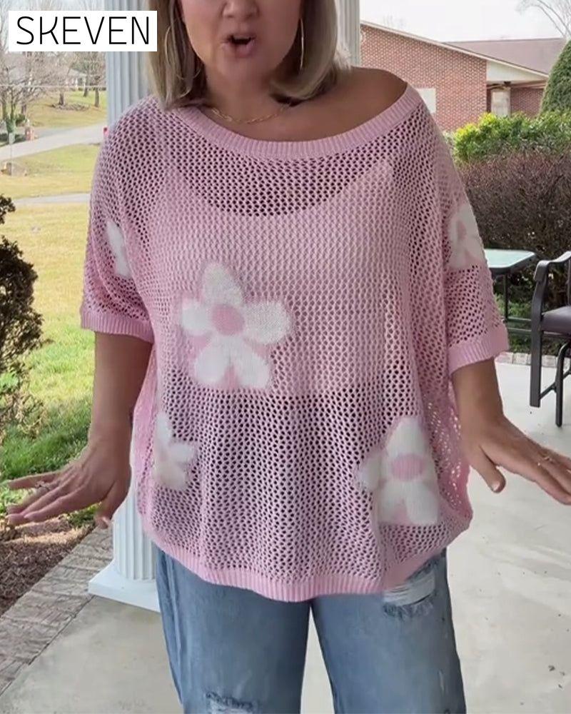 Round Neck Large Flower Hollow Sweater