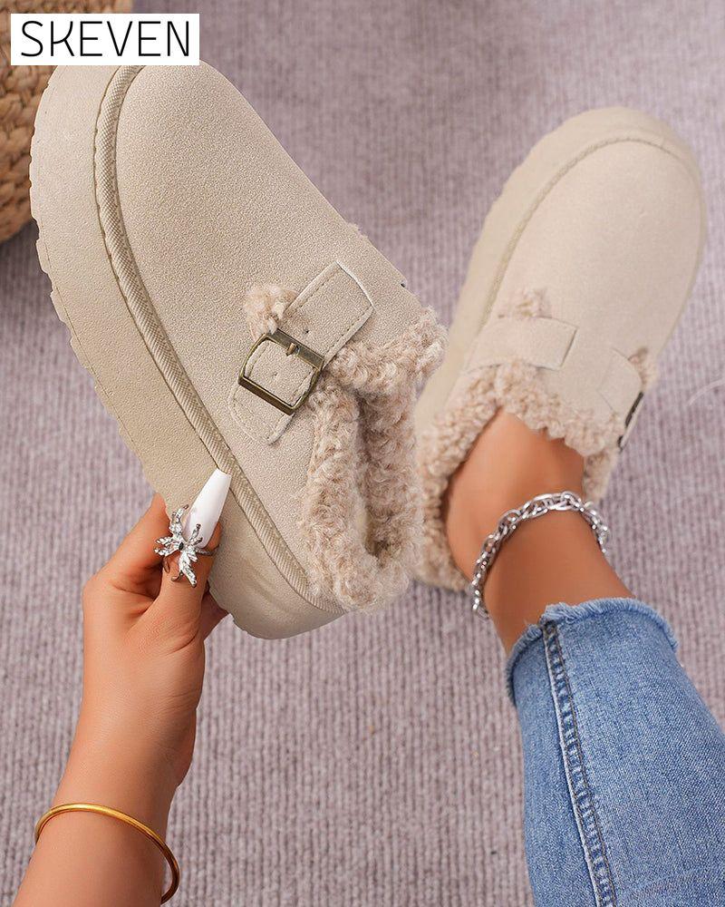 Thick-soled plush buckle warm slippers
