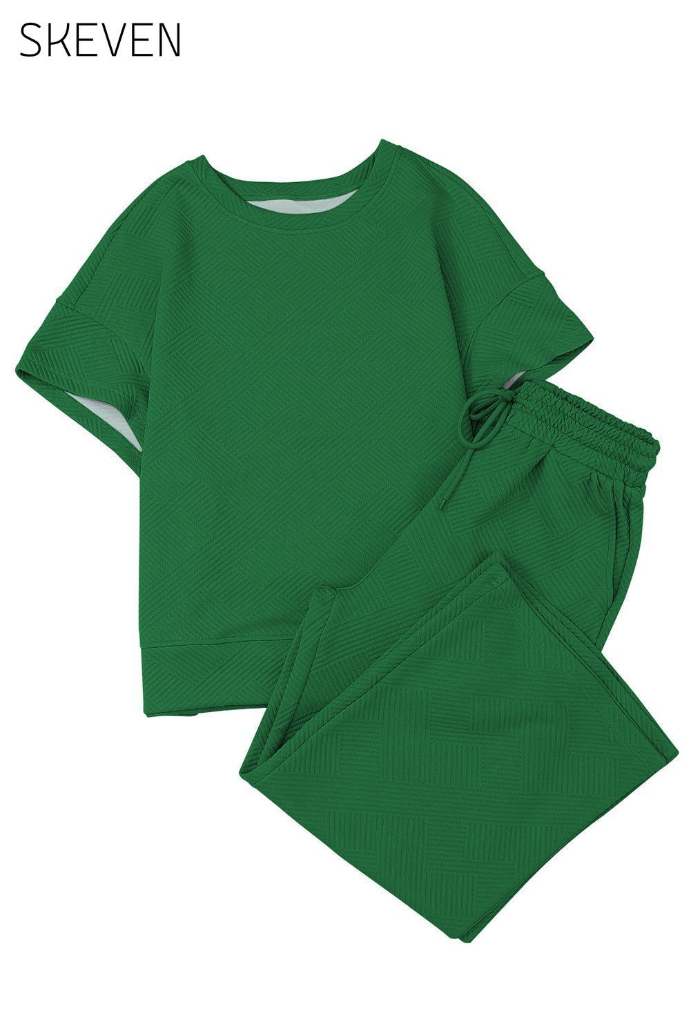 Dark Green Textured Loose Fit T Shirt and Drawstring Pants Set 2 pieces Best Sellers clothes EDM Homewear EDM Monthly Recomend Fabric Ribbed lounge wear Occasion Home pants set Print Solid Color Season Summer sets Silhouette Wide Leg Style Casual