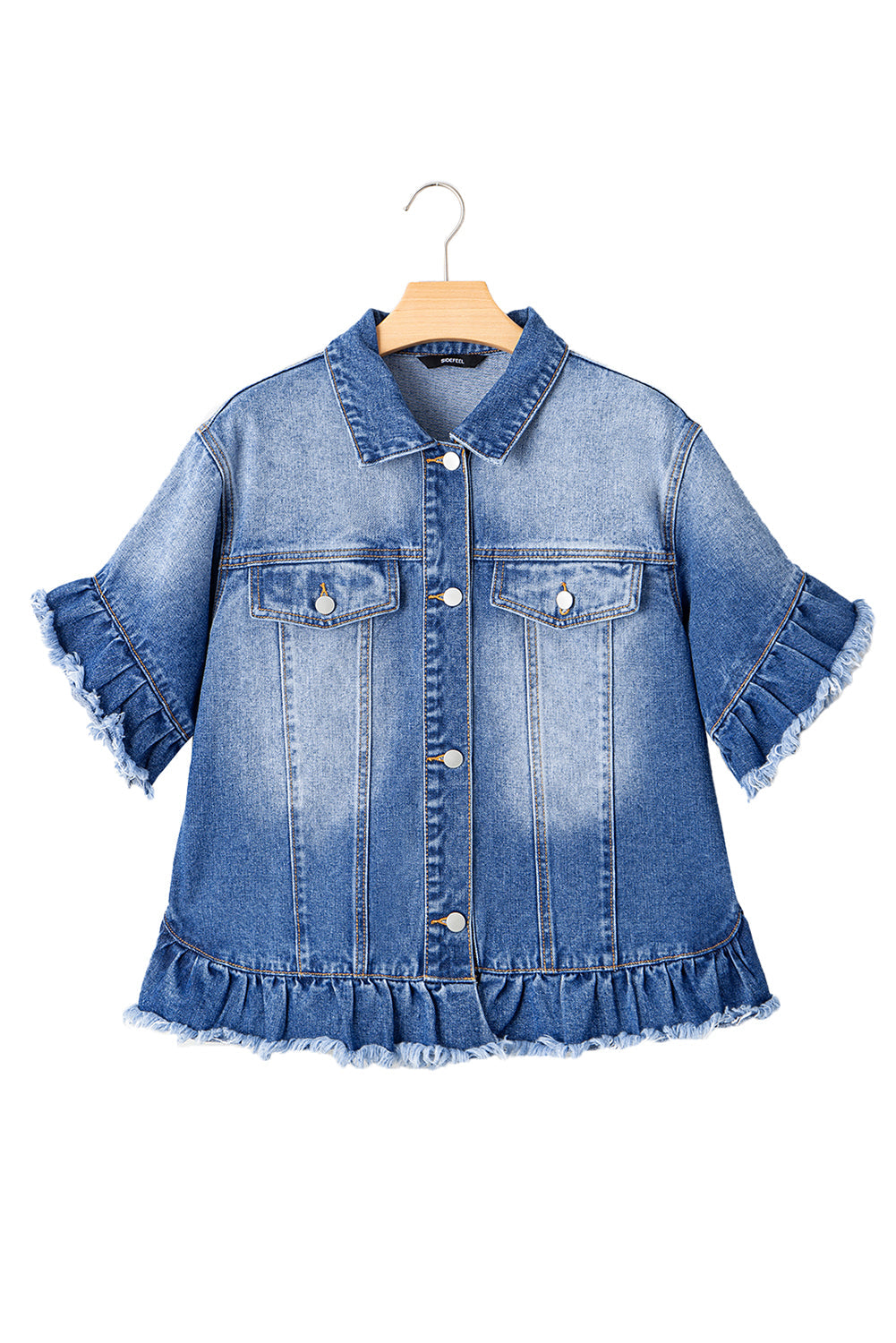 Blue Zone Planet | Pfauenblaue Jeansjacke mit Rüschen und offenem Saum, Kurzarm