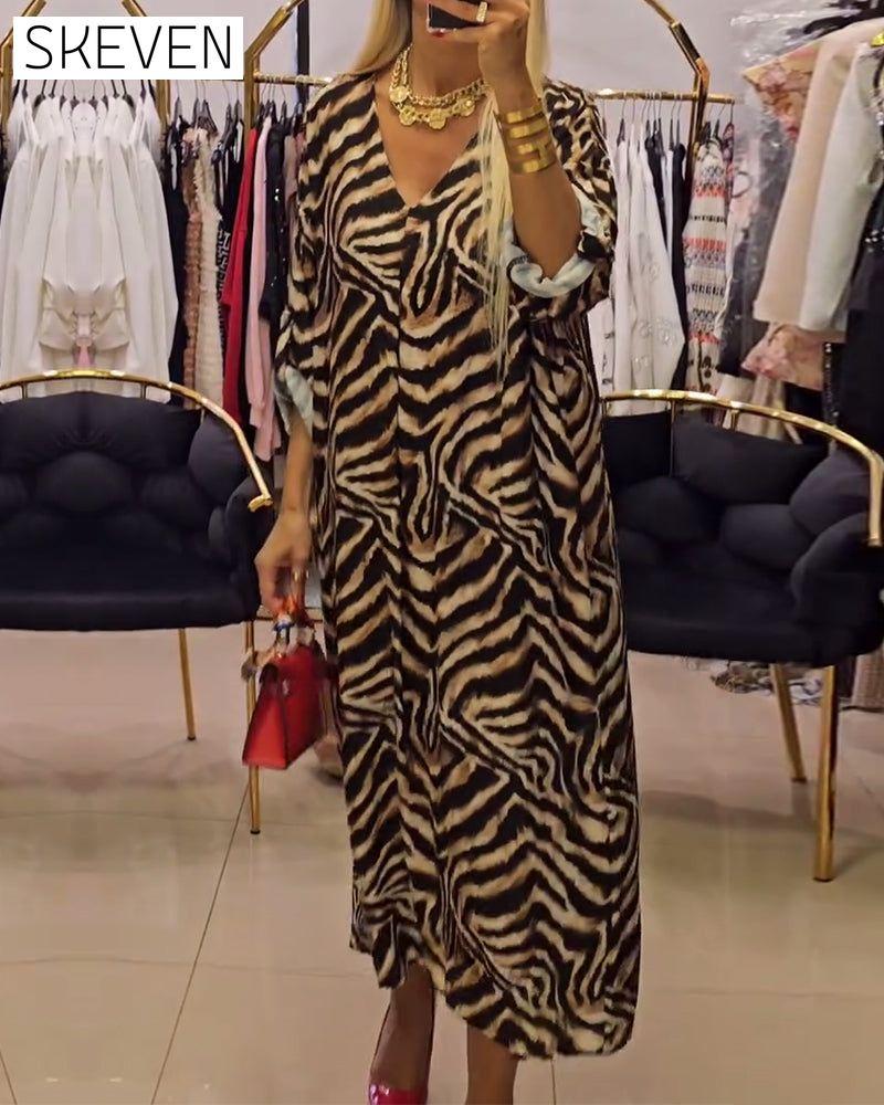 robe décontractée à col en V imprimé zèbre