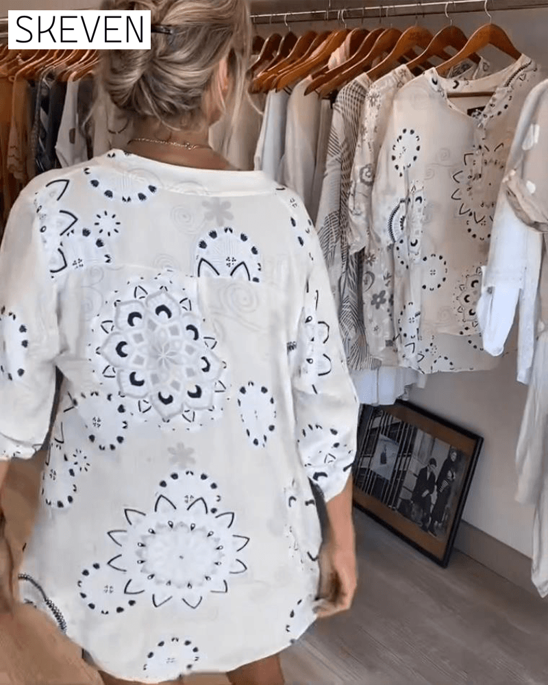 Versatile V-Neck Printed Half Sleeves Blouse