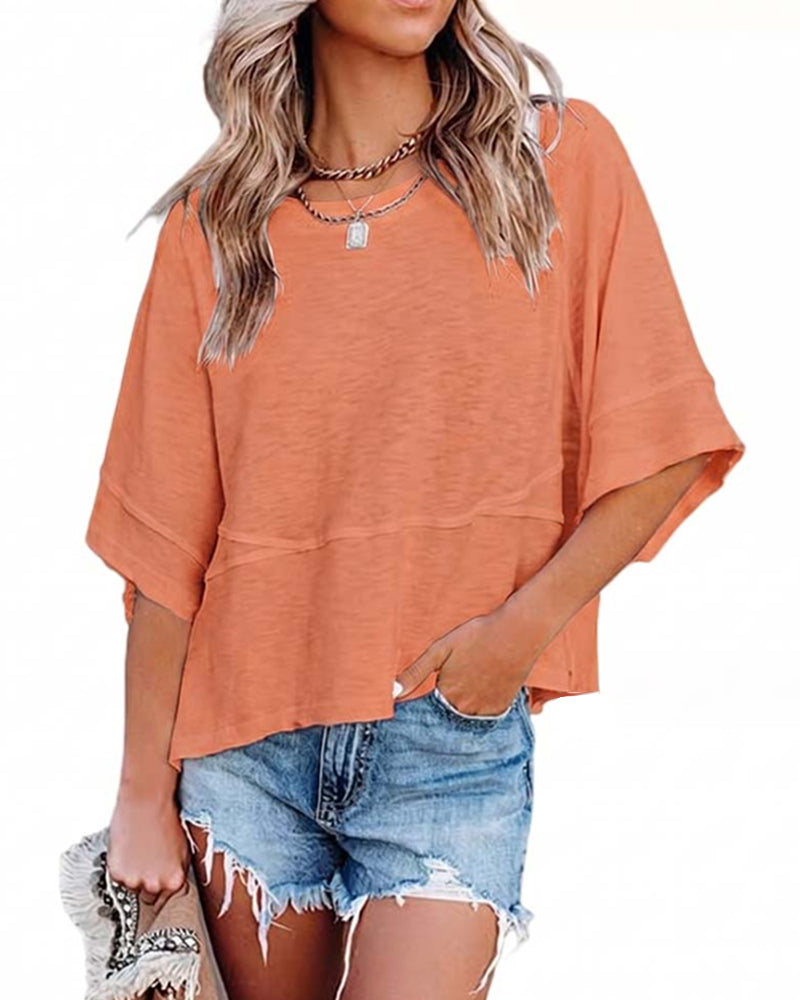 Non-Slit Patched Solid Color Bell Sleeve T-Shirt