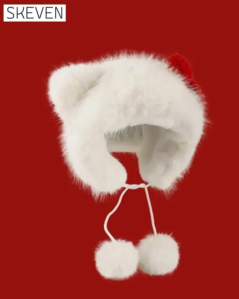 Cute Cat Ear Design Pom Pom Decor Plush Hat