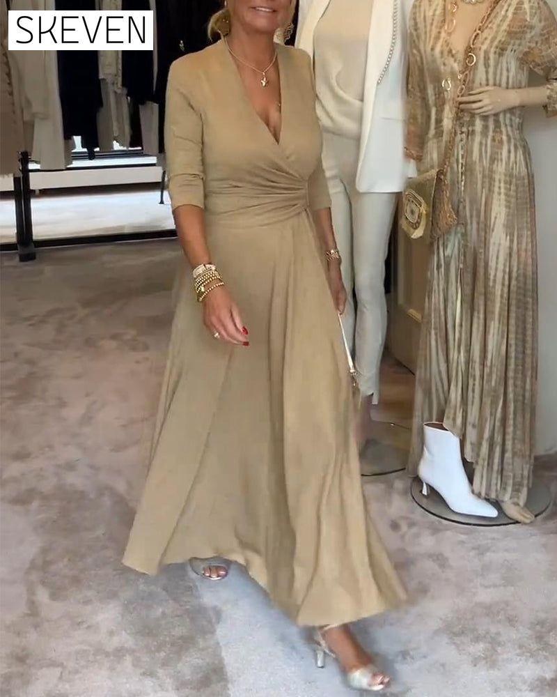 Elegant solid color V-neck three-quarter sleeve dress 2023 f/w casual dresses spring