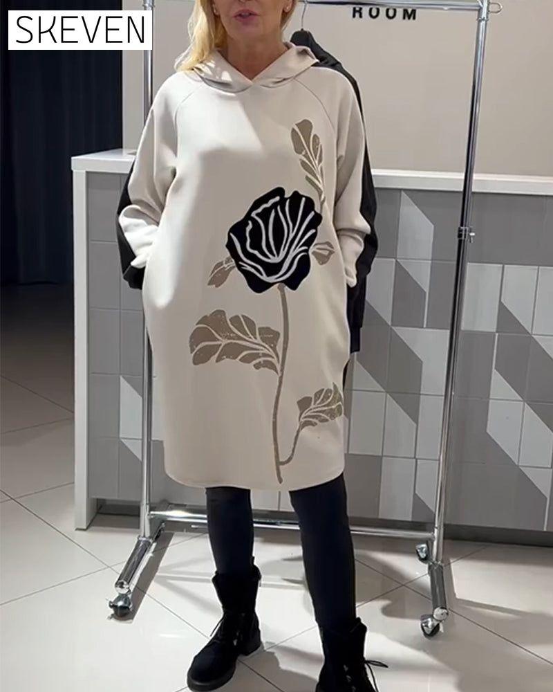 Hooded Color-Block Floral Print Dress