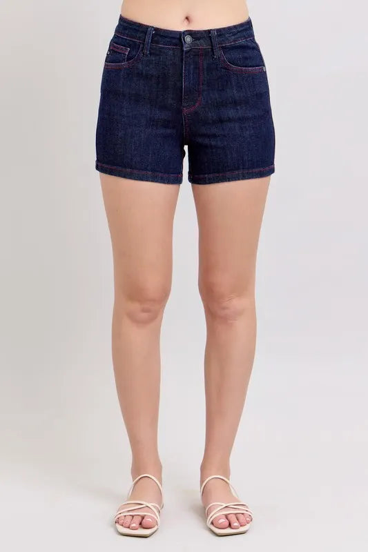 Judy Blue High Waist Heart Shaped Pkts & Red Contrast Thread Denim Shorts