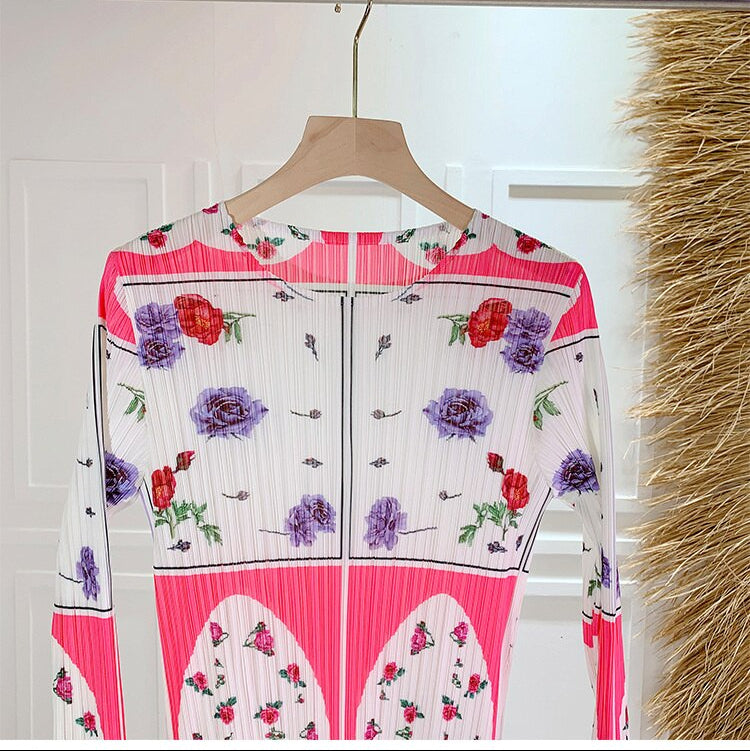 Miyake Pleated Printed Round Neck Long Sleeves Dress