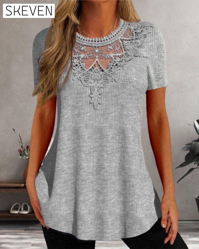 Round neck lace T-shirt 23BF clothes Short Sleeve Tops Spring Summer T-shirts Tops/Blouses