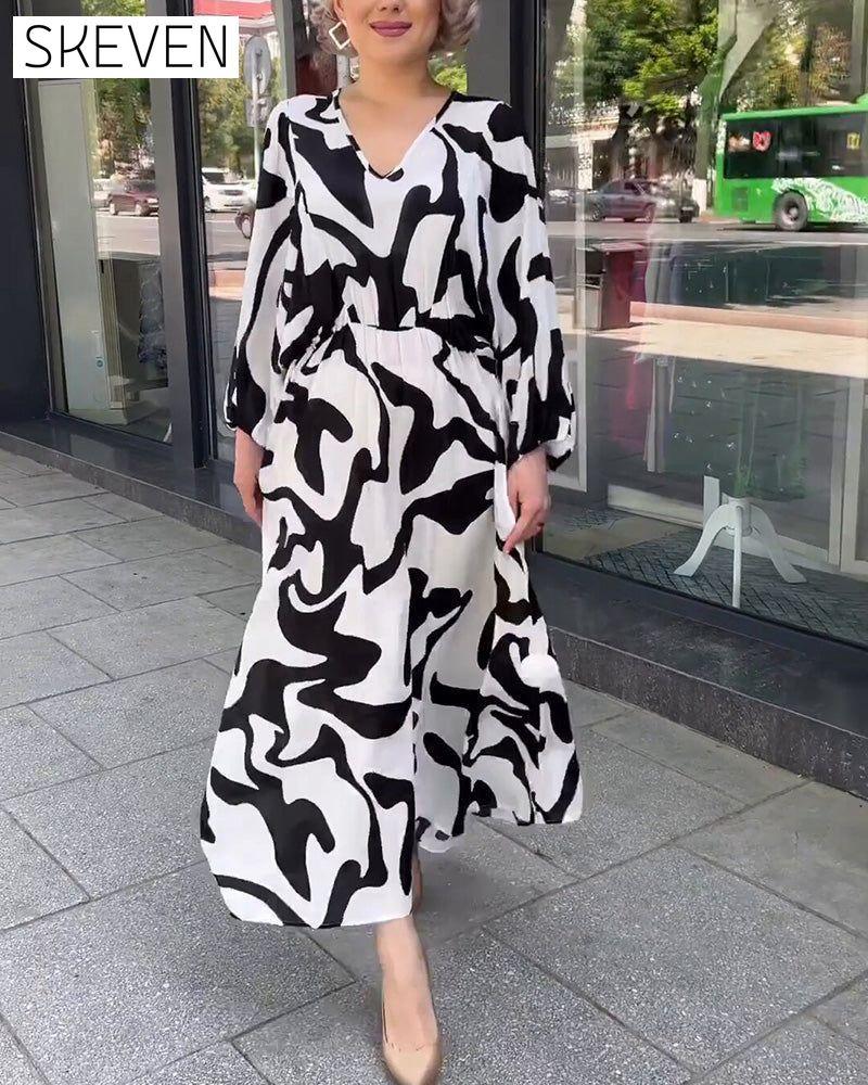 Fashion print elegant long-sleeved dress Black 23BF Casual Dresses Clothes Dresses Spring Summer