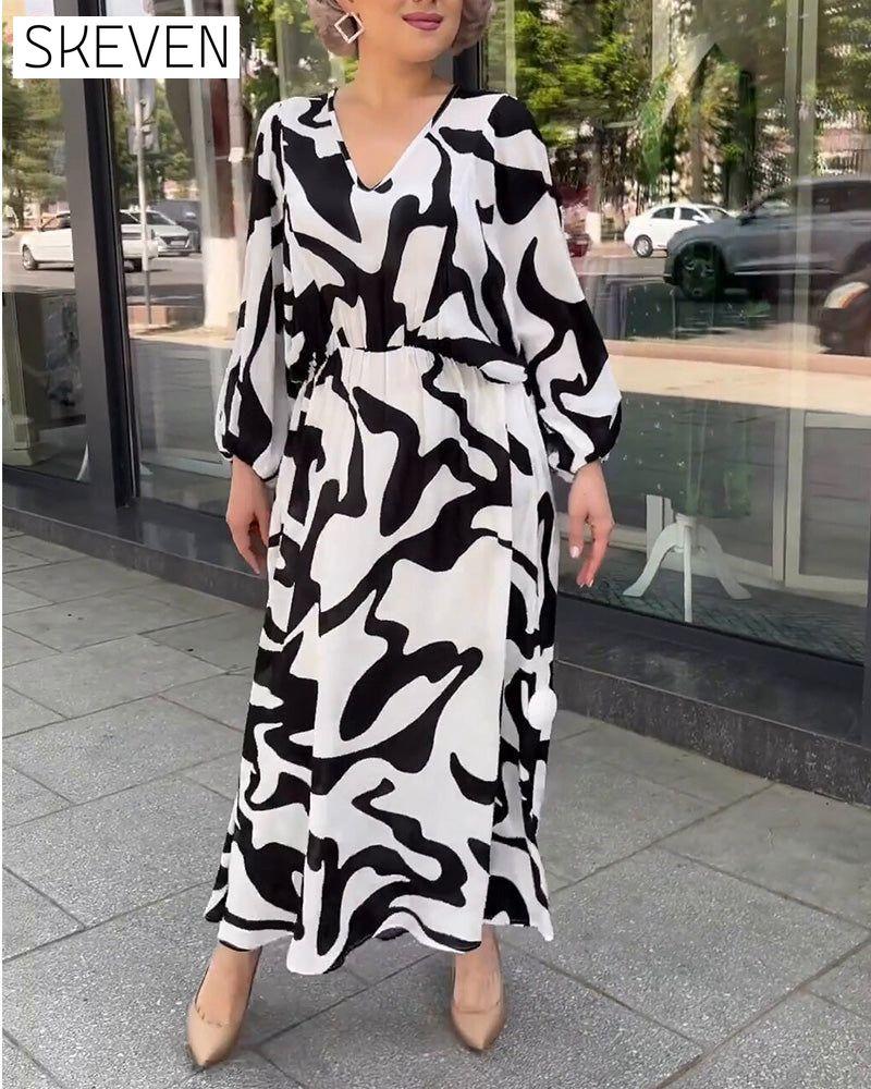 Fashion print elegant long-sleeved dress 23BF Casual Dresses Clothes Dresses Spring Summer