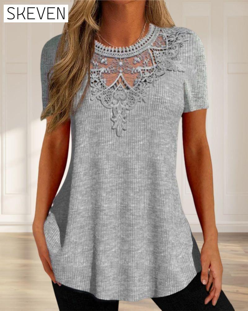 Round neck lace T-shirt 23BF clothes Short Sleeve Tops Spring Summer T-shirts Tops/Blouses