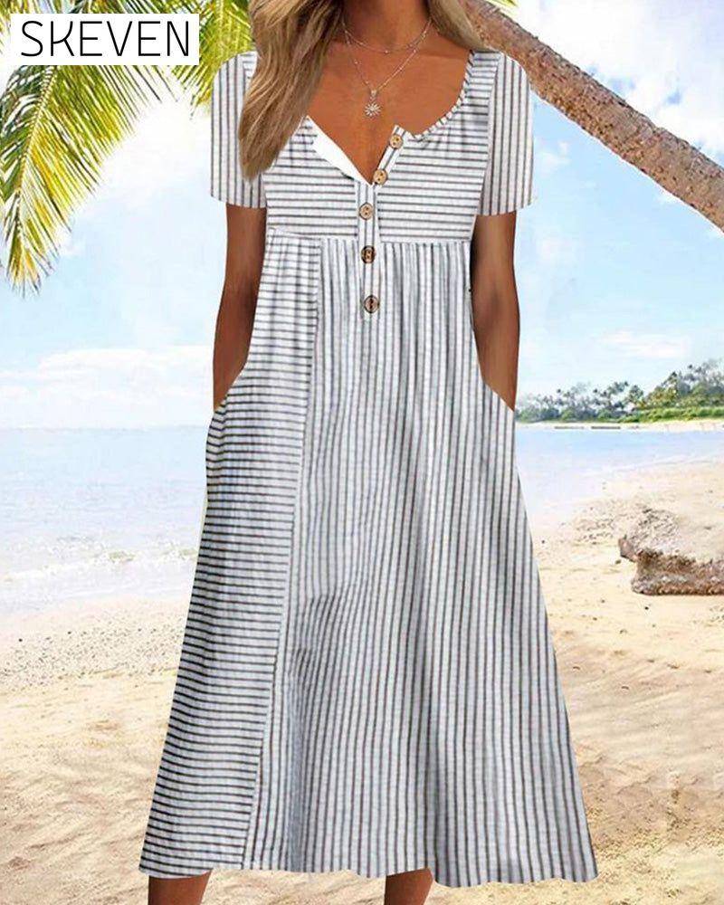 Striped Print Short Sleeve Dress Gray 23BF Casual Dresses Clothes Dresses SALE Spring Summer