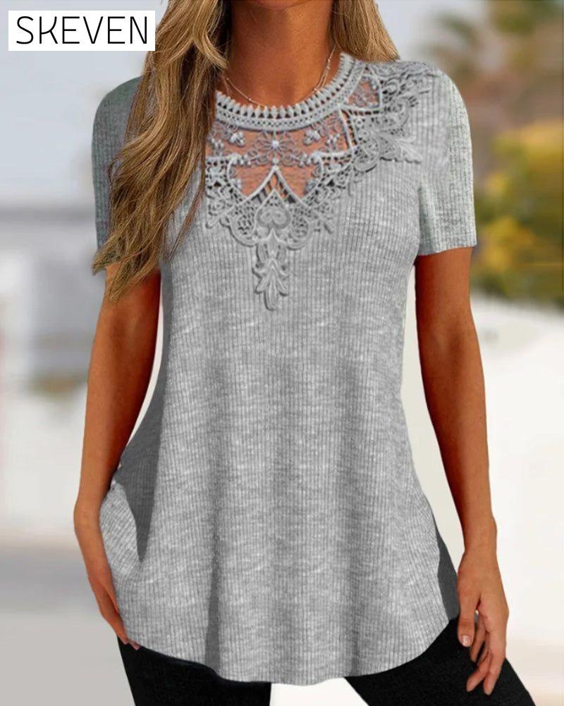 Round neck lace T-shirt Gray 23BF clothes Short Sleeve Tops Spring Summer T-shirts Tops/Blouses