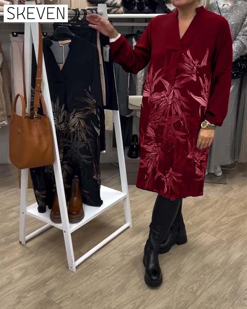 V-Neck Leaf Print Long-Sleeved Dress