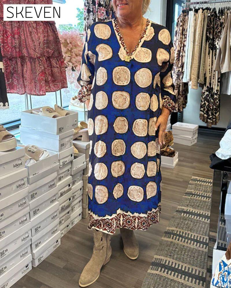 Long-Sleeved V-Neck Printed Dress