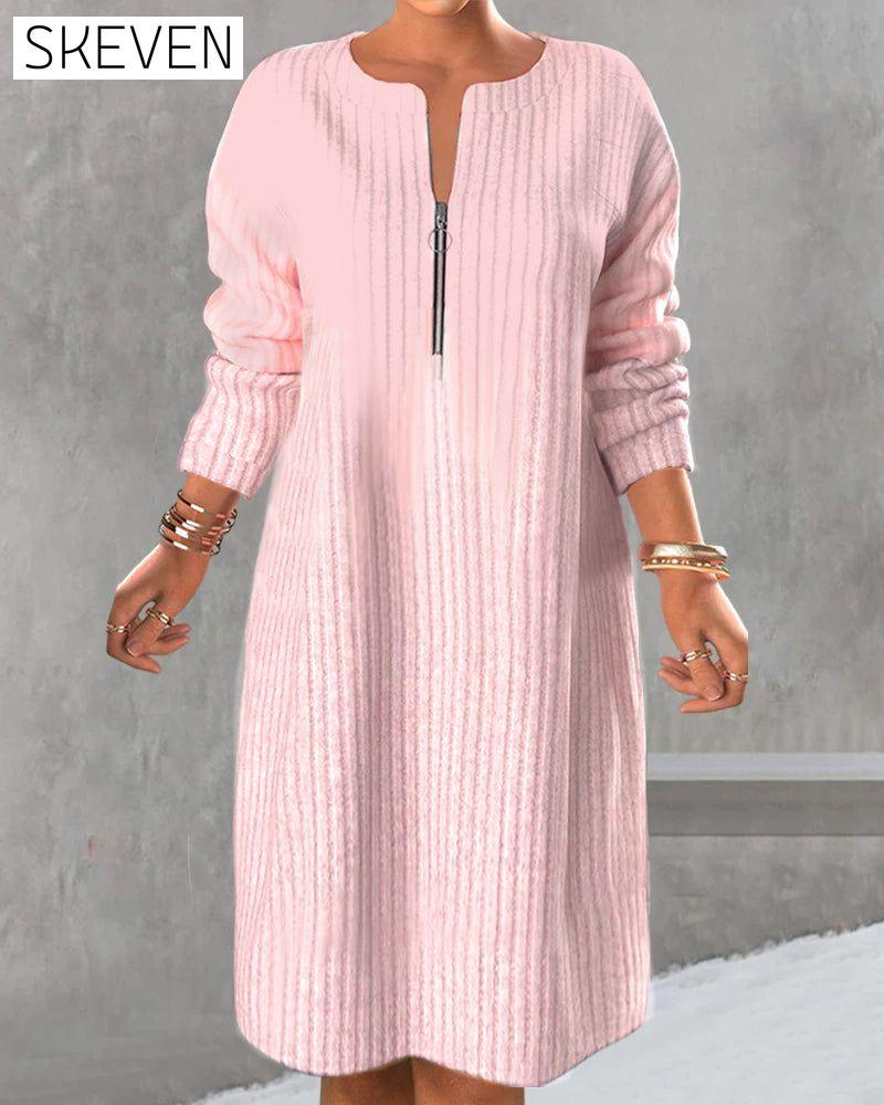 Solid Color Zipper Neck Dress