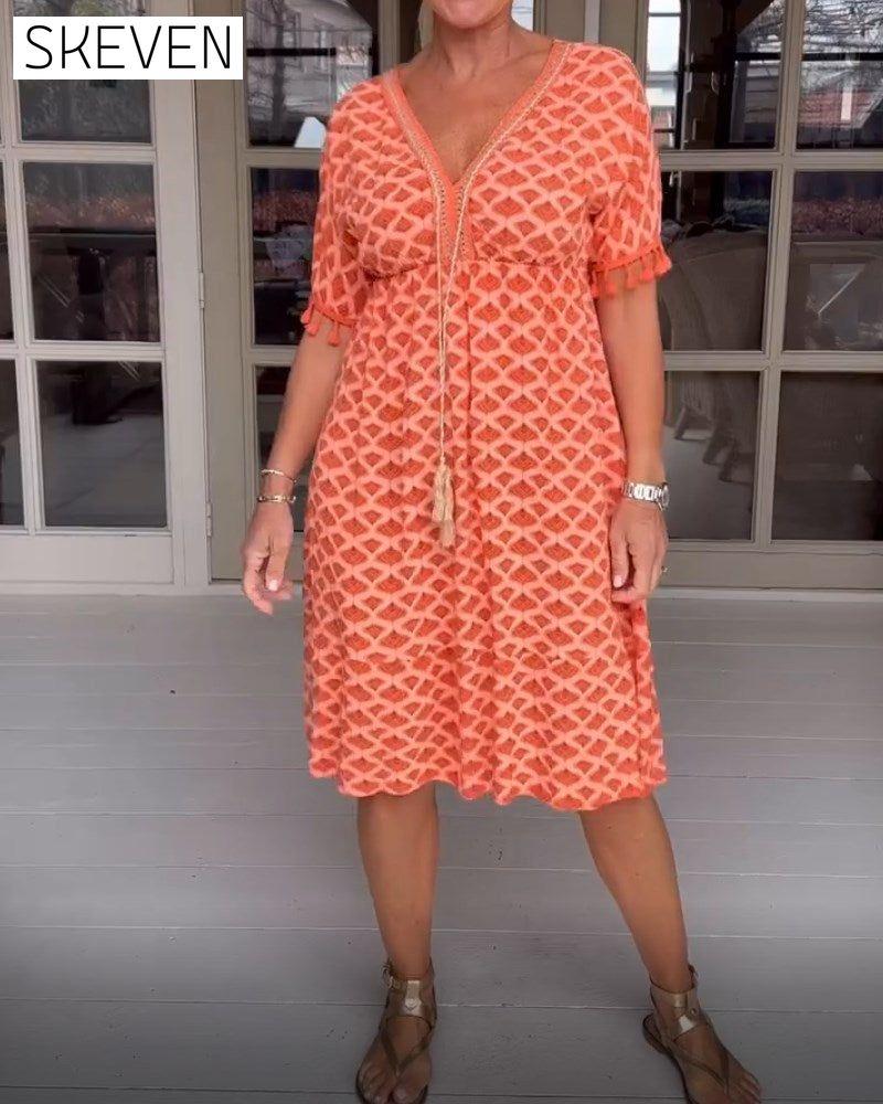 Printed v-neck fringed dress