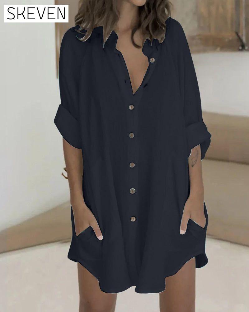 Button pocket solid shirt dress Black 23BF Casual Dresses Clothes Dresses Spring Summer