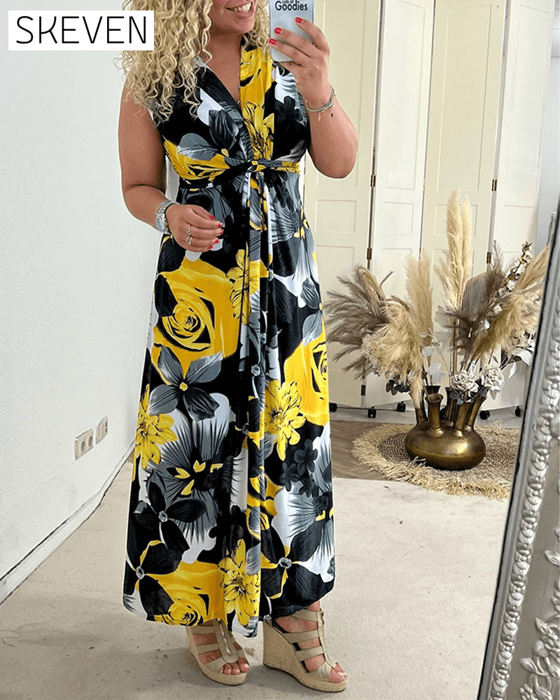 Elegantes, ärmelloses, plissiertes Kleid mit Blumenmuster