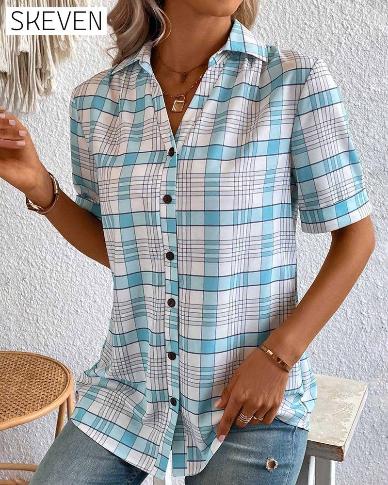 Plaid-print lapel collar blouse