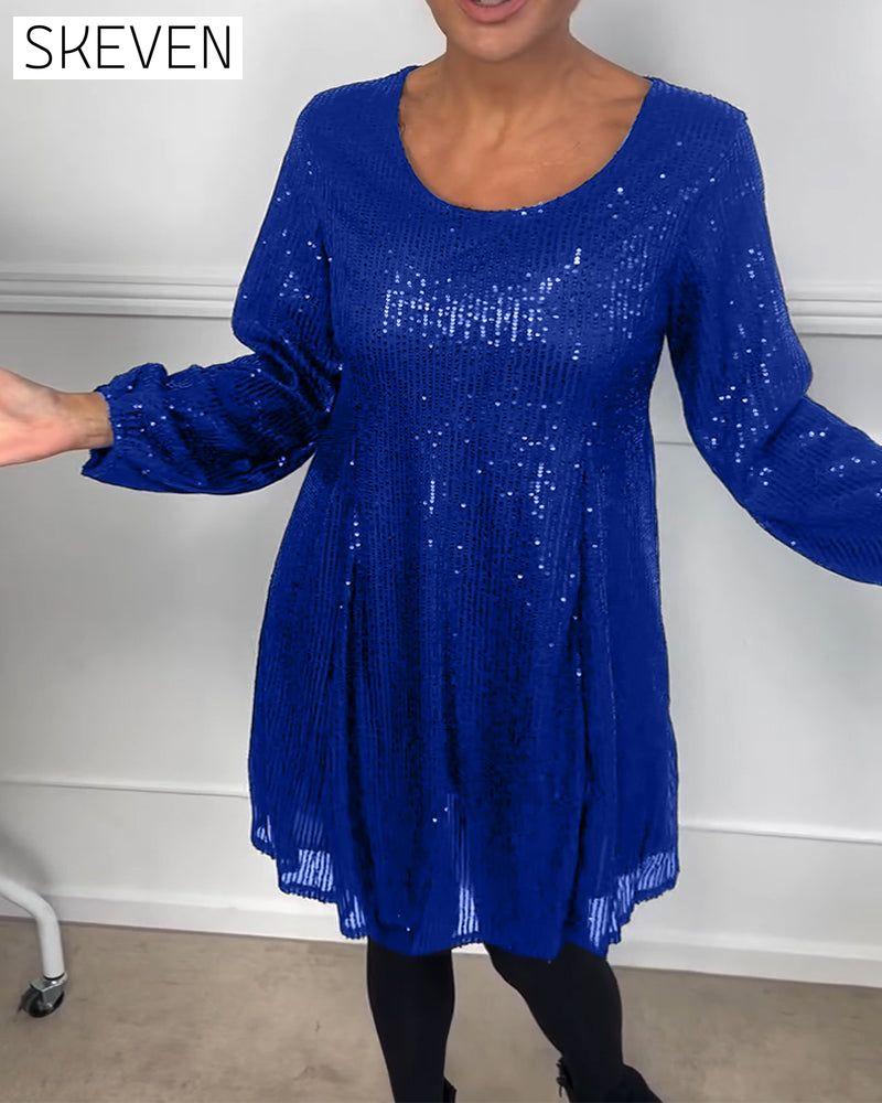 Elegantes, paillettenbesetztes A-Linien-Kleid mit Laternenärmeln