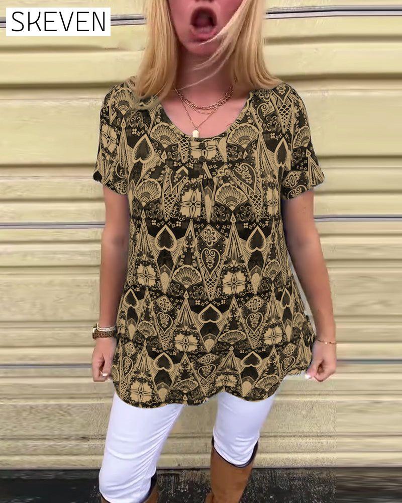 Casual Retro Crew Neck Printed T-Shirt