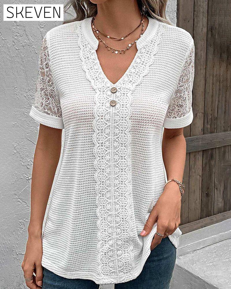 Solid color v-neck lace T-shirt
