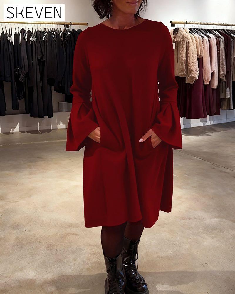 Robe unie à manches évasées et froncée