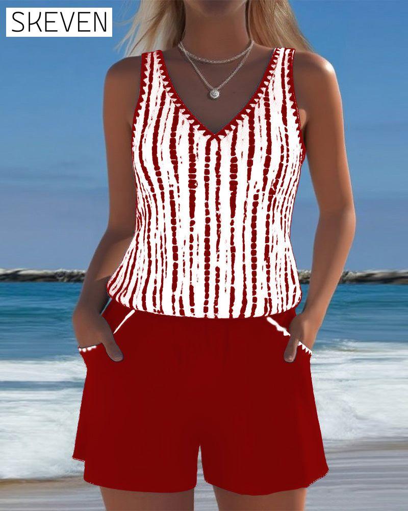 Casual Pocket V-Neck Printed Two-Piece Swimsuit