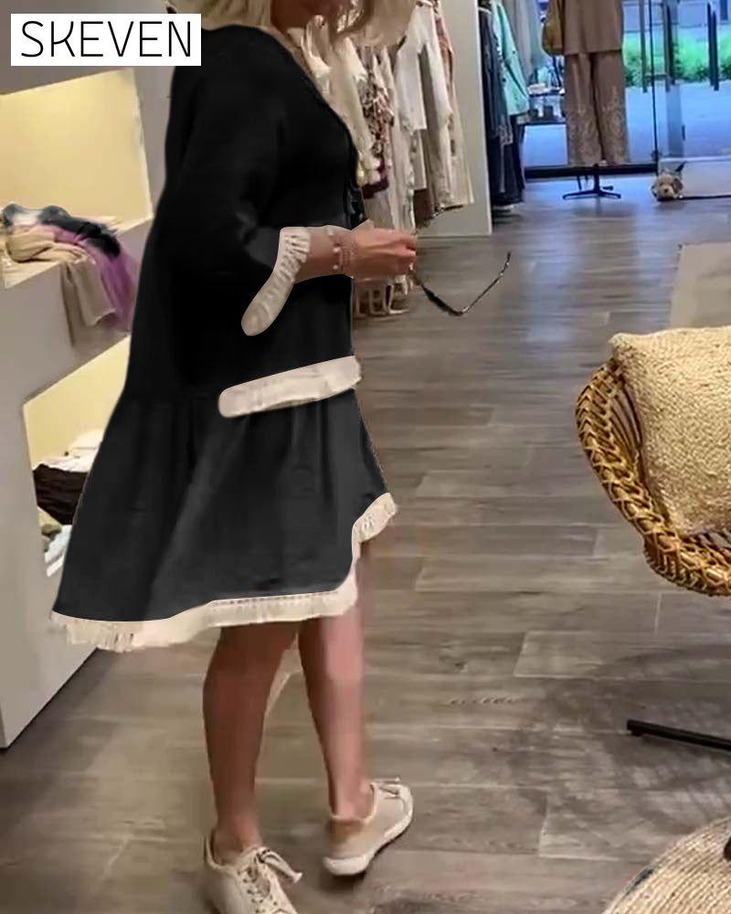 robe décontractée à franges et col en V en dentelle