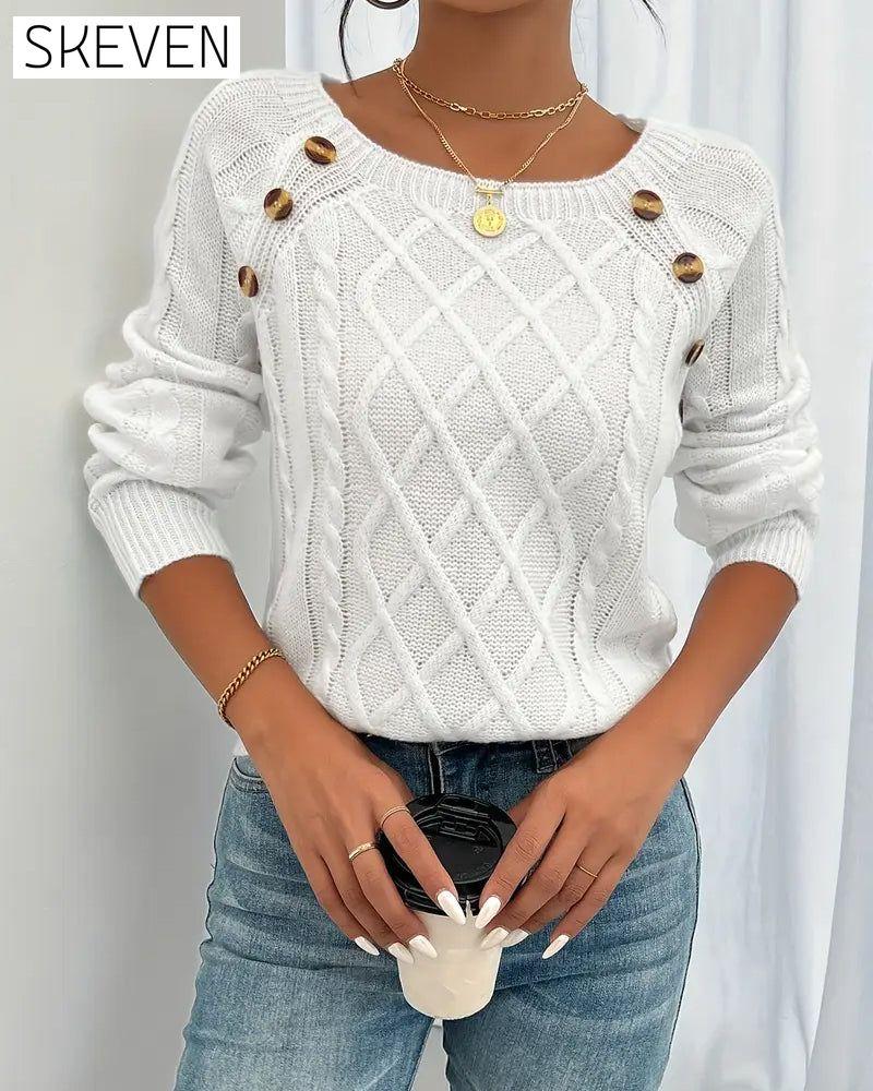 Solid Raglan Sleeve Buckle Cable Knit Jumper