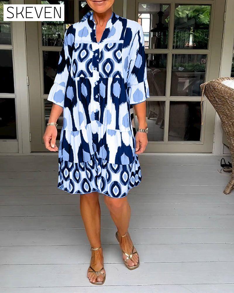 Printed 3/4 Sleeve Dress Blue 23BF Casual Dresses Clothes discount Dresses Spring Summer