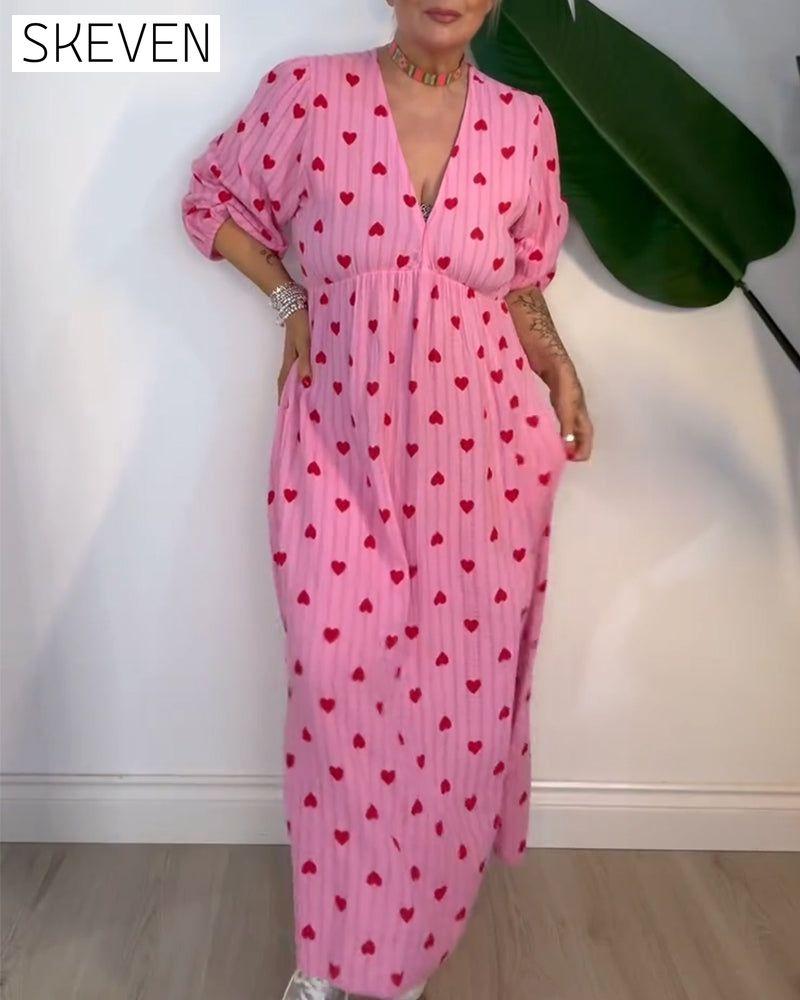 Robe élégante à col en V et imprimé cœur