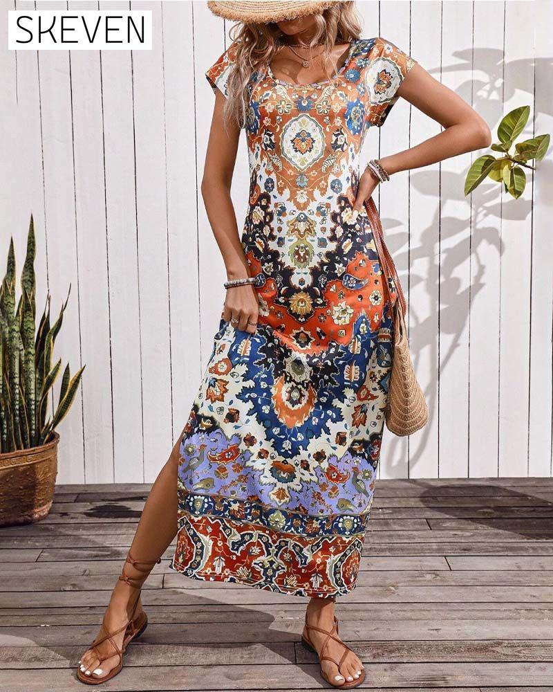 Robe décontractée imprimée colorée avec fentes