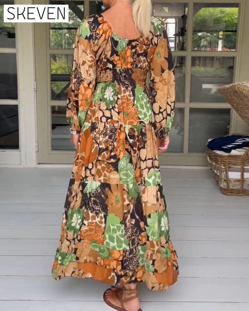 V neck long sleeve print dress