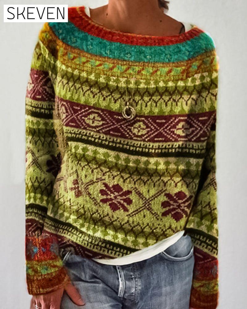 Round neck color block pullover sweater