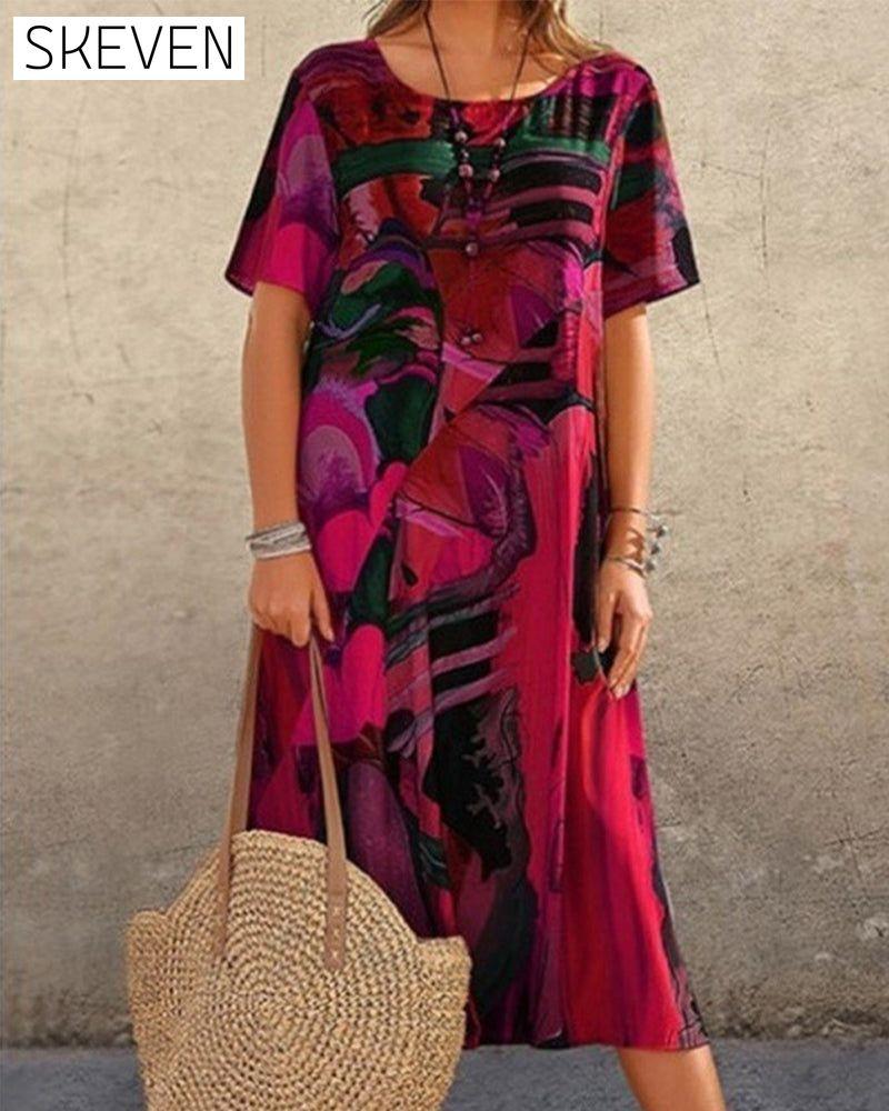 Round Neck Shift Dress in Geometric Print Red 23BF Casual Dresses Clothes Dresses Spring Summer